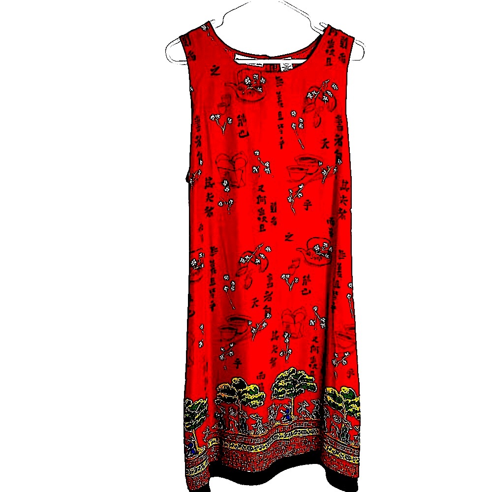 WEEKEND CLOTHESLINE Red Sleeveless Asian motif 100% Rayon EUC pockets